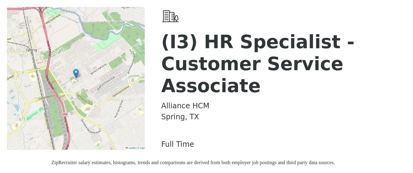 Alliance HCM job posting for a (I3) HR Specialist - Customer Service Associate in Spring, TX with a salary of $16 to $20 Hourly with a map of Spring location.