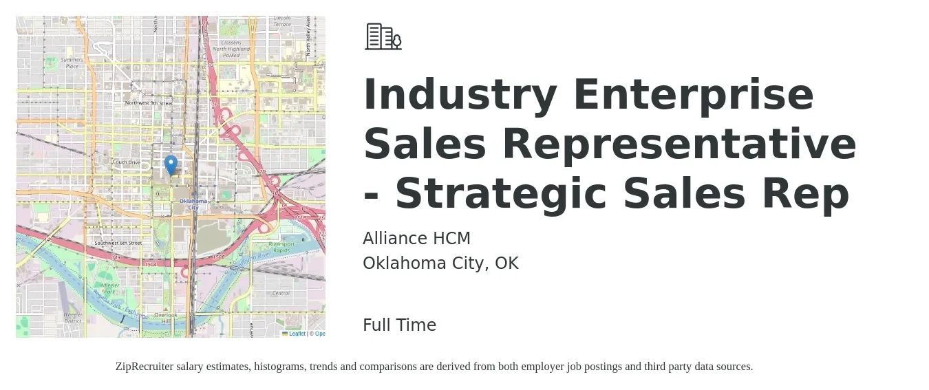 Alliance HCM job posting for a Industry Enterprise Sales Representative - Strategic Sales Rep in Oklahoma City, OK with a salary of $49,700 to $86,300 Yearly with a map of Oklahoma City location.