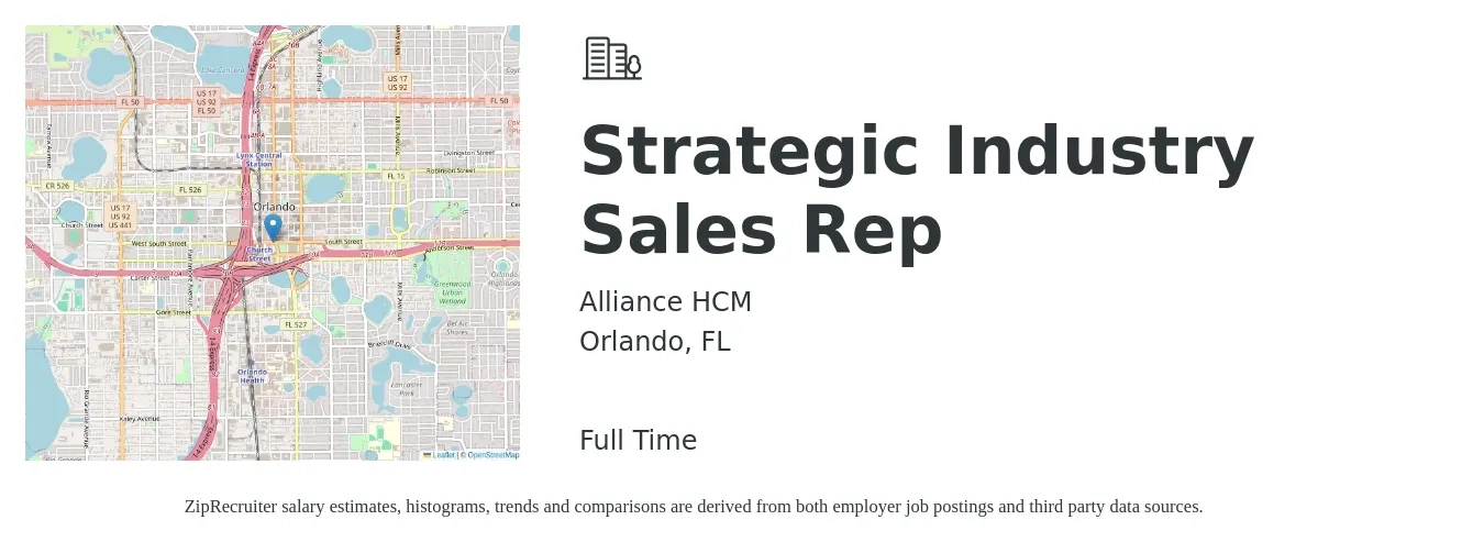 Alliance HCM job posting for a Strategic Industry Sales Rep in Orlando, FL with a salary of $48,900 to $85,000 Yearly with a map of Orlando location.