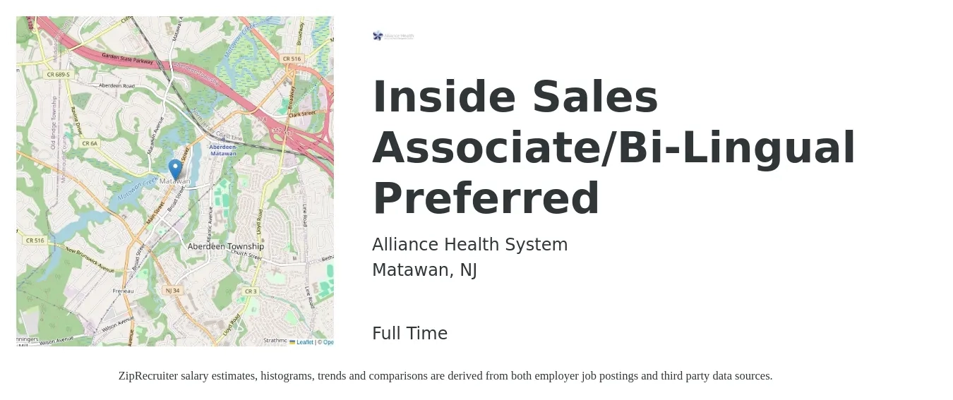 Alliance Health System job posting for a Inside Sales Associate/Bi-Lingual Preferred in Matawan, NJ with a salary of $18 to $28 Hourly with a map of Matawan location.