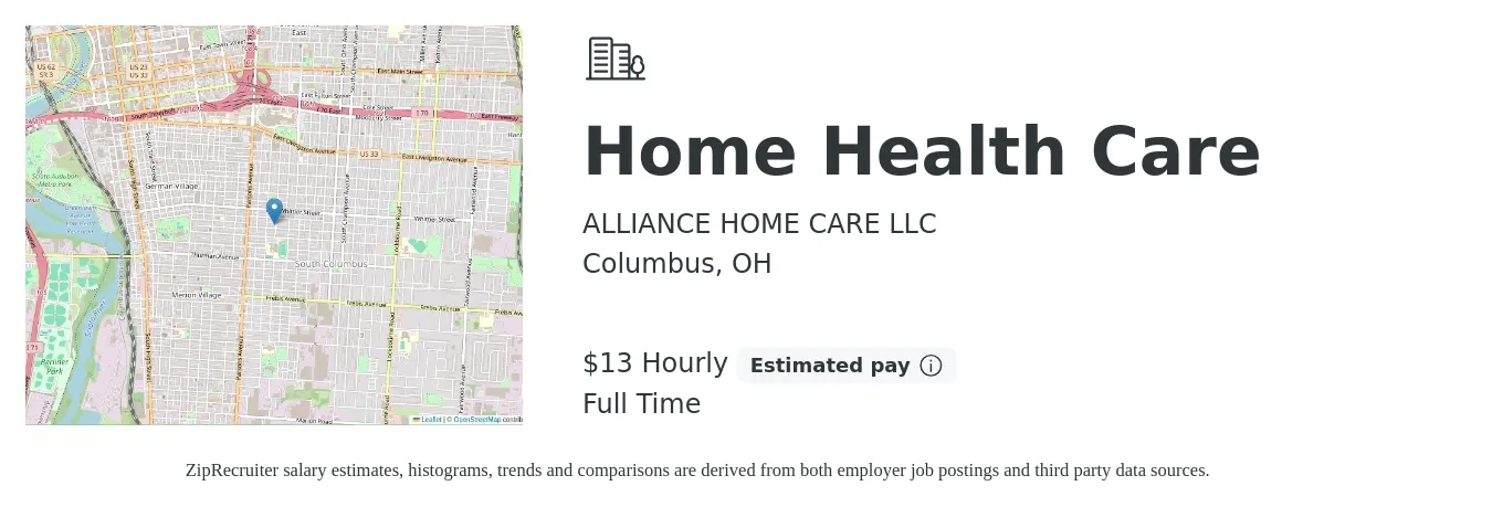 ALLIANCE HOME CARE LLC job posting for a Home Health Care in Columbus, OH with a salary of $14 Hourly with a map of Columbus location.