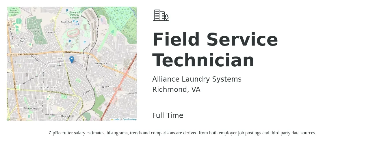 Alliance Laundry Systems job posting for a Field Service Technician in Richmond, VA with a salary of $25 to $30 Hourly with a map of Richmond location.