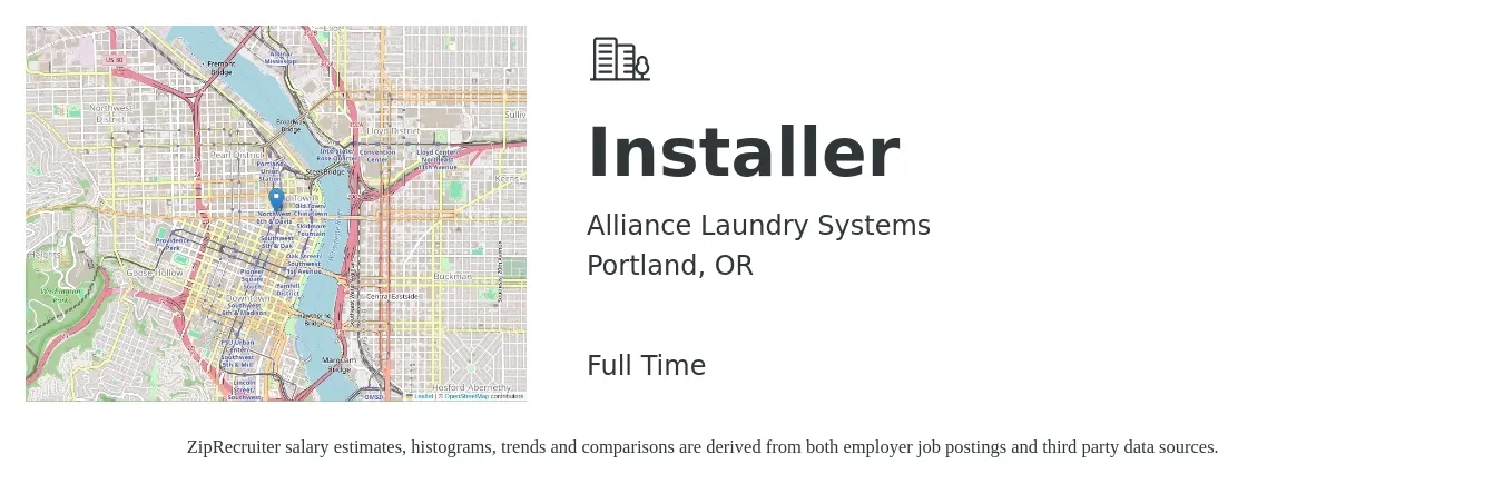 Alliance Laundry Systems job posting for a Installer in Portland, OR with a salary of $28 to $32 Hourly with a map of Portland location.