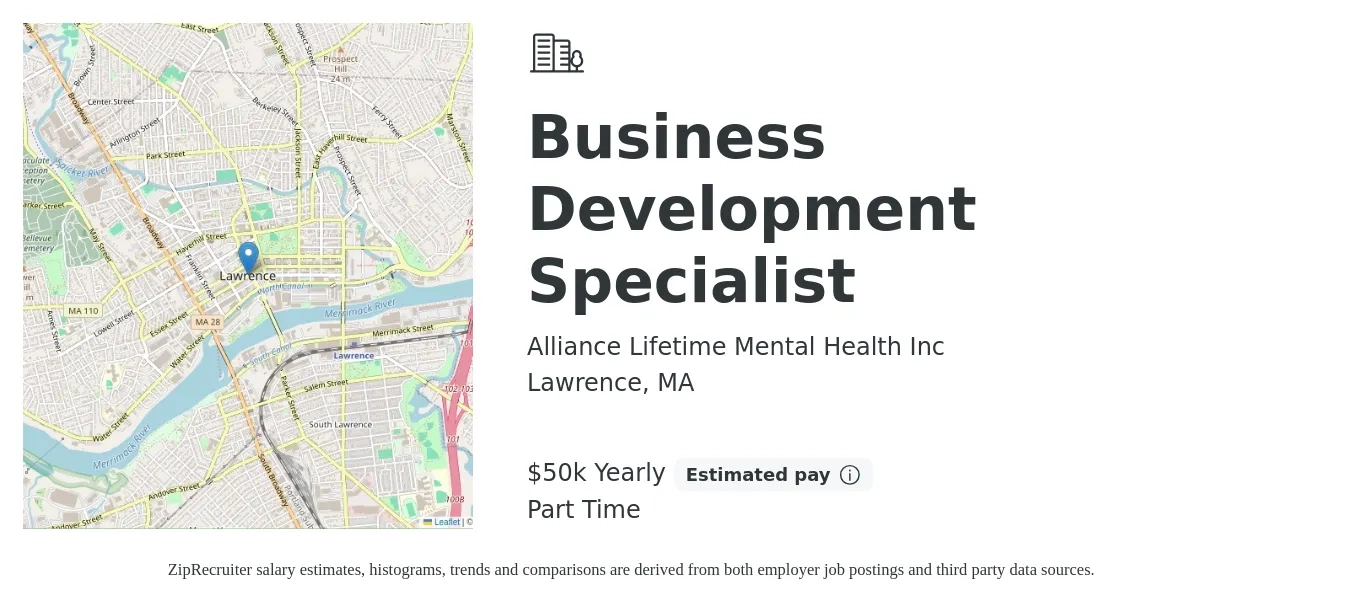Alliance Lifetime Mental Health Inc job posting for a Business Development Specialist in Lawrence, MA with a salary of $50,000 Yearly with a map of Lawrence location.