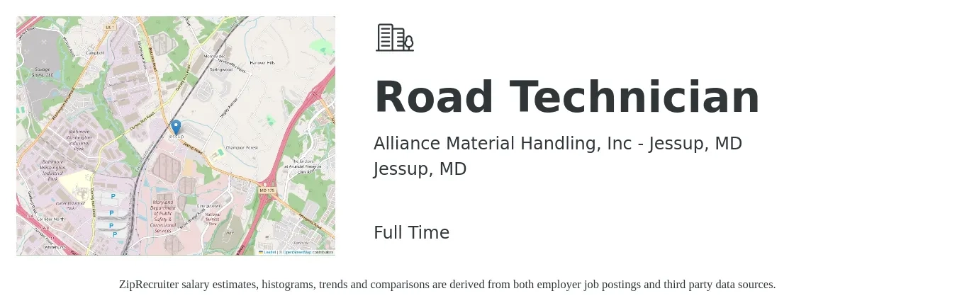 Alliance Material Handling, Inc - Jessup, MD job posting for a Road Technician in Jessup, MD with a salary of $19 to $26 Hourly with a map of Jessup location.