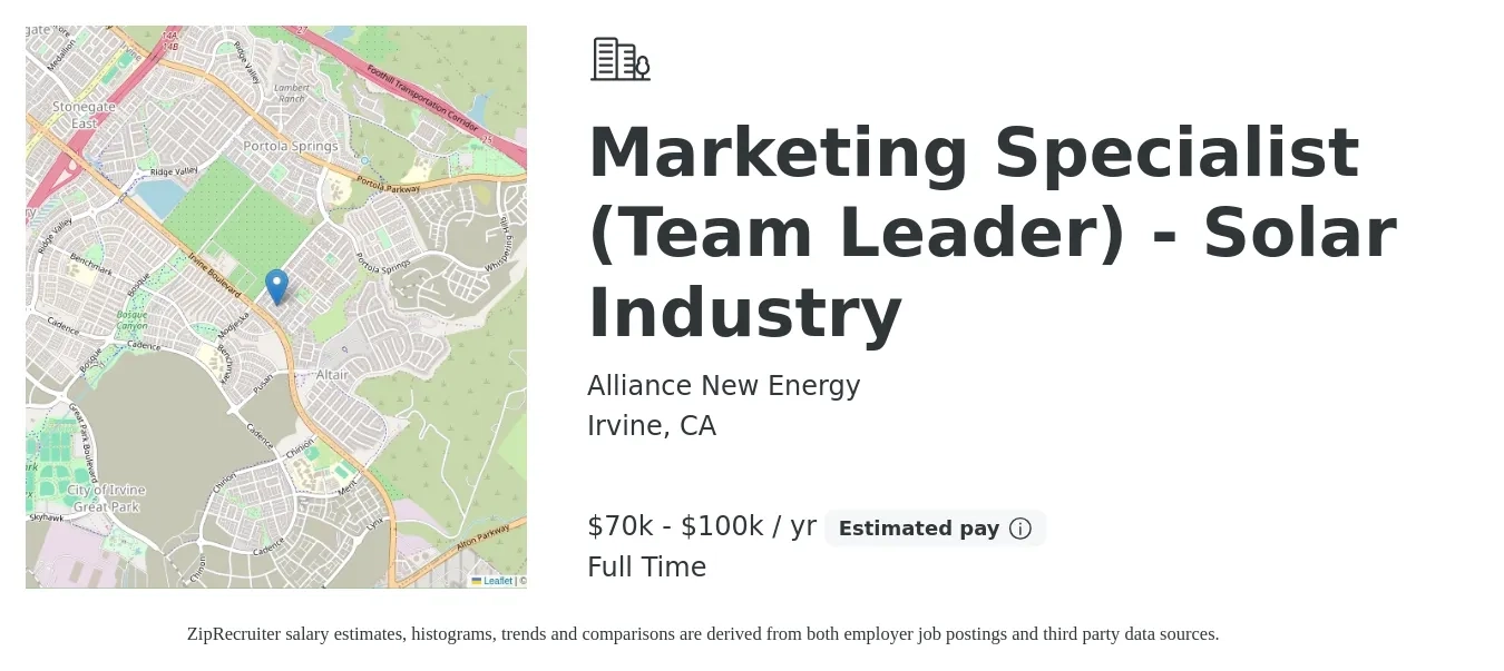 Alliance New Energy job posting for a Marketing Specialist (Team Leader) - Solar Industry in Irvine, CA with a salary of $70,000 to $100,000 Yearly with a map of Irvine location.