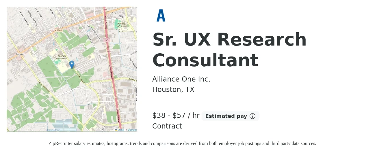 Alliance One Inc. job posting for a Sr. UX Research Consultant in Houston, TX with a salary of $40 to $60 Hourly with a map of Houston location.