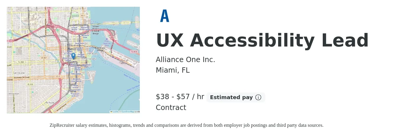 Alliance One Inc. job posting for a UX Accessibility Lead in Miami, FL with a salary of $40 to $60 Hourly with a map of Miami location.