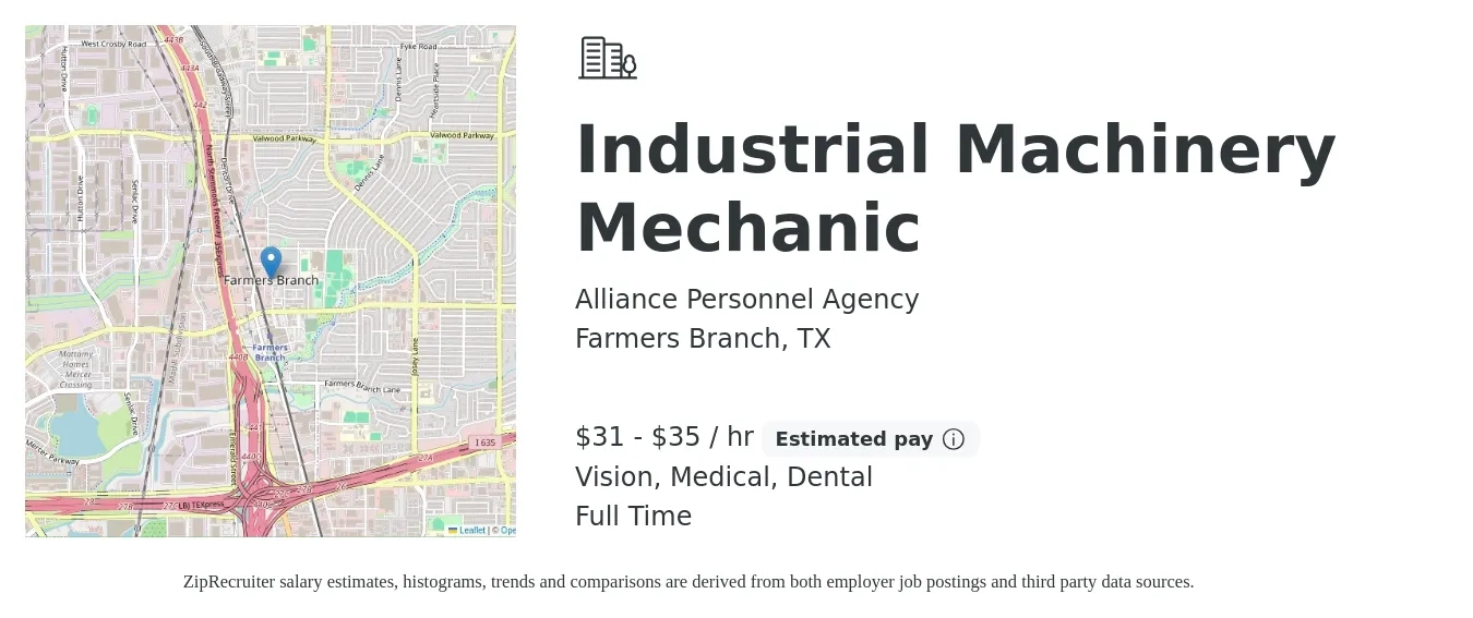 Alliance Personnel Agency job posting for a Industrial Machinery Mechanic in Farmers Branch, TX with a salary of $33 to $36 Hourly and benefits including dental, medical, pto, and vision with a map of Farmers Branch location.