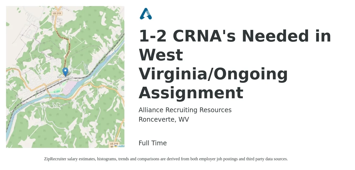 Alliance Recruiting Resources job posting for a 1-2 CRNA's Needed in West Virginia/Ongoing Assignment in Ronceverte, WV with a salary of $86 to $156 Hourly with a map of Ronceverte location.