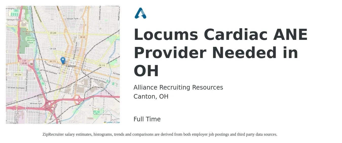 Alliance Recruiting Resources job posting for a Locums Cardiac ANE Provider Needed in OH in Canton, OH with a salary of $107,500 to $157,900 Yearly with a map of Canton location.