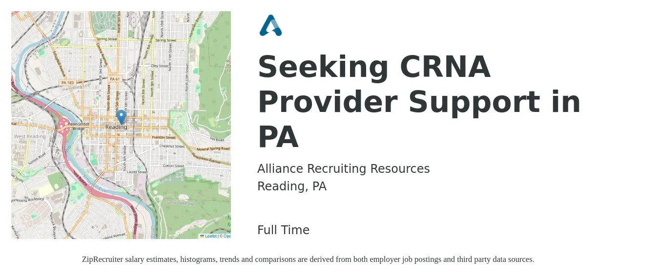 Alliance Recruiting Resources job posting for a Seeking CRNA Provider Support in PA in Reading, PA with a salary of $92 to $167 Hourly with a map of Reading location.