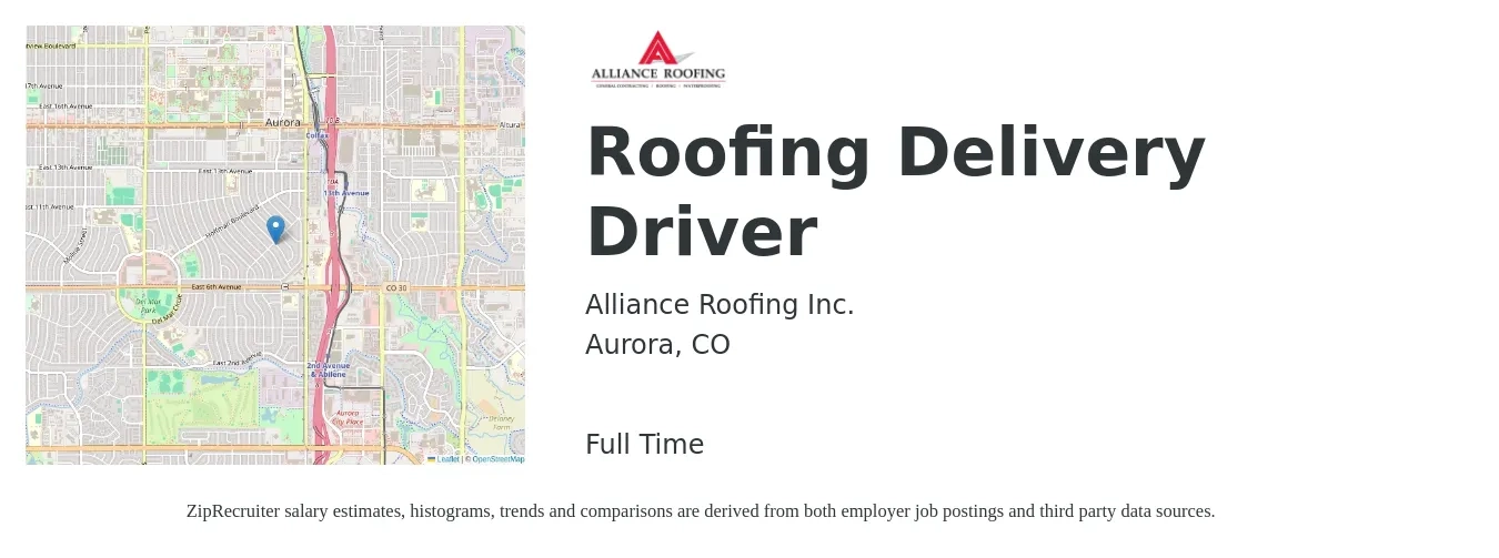 Alliance Roofing Inc. job posting for a Roofing Delivery Driver in Aurora, CO with a salary of $17 to $21 Hourly and benefits including pto with a map of Aurora location.
