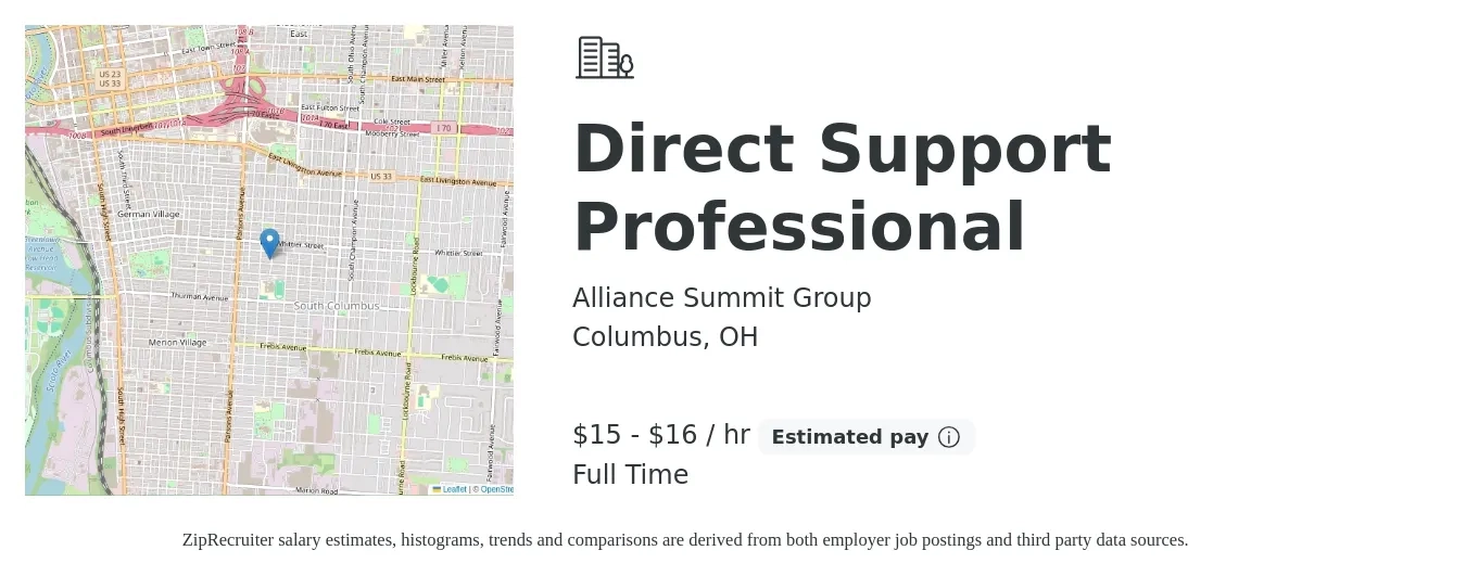 Alliance Summit Group job posting for a Direct Support Professional in Columbus, OH with a salary of $15 to $16 Hourly with a map of Columbus location.
