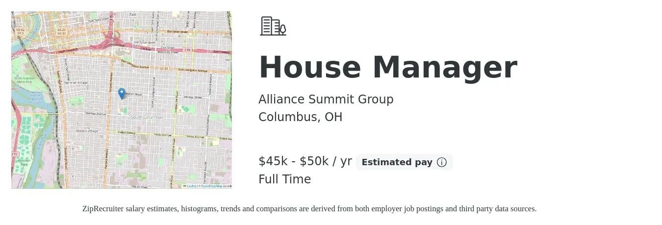 Alliance Summit Group job posting for a House Manager in Columbus, OH with a salary of $45,000 to $50,000 Yearly with a map of Columbus location.