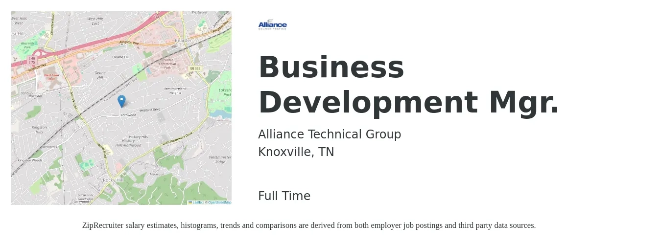 Alliance Technical Group job posting for a Business Development Mgr. in Knoxville, TN with a salary of $50,800 to $83,200 Yearly with a map of Knoxville location.