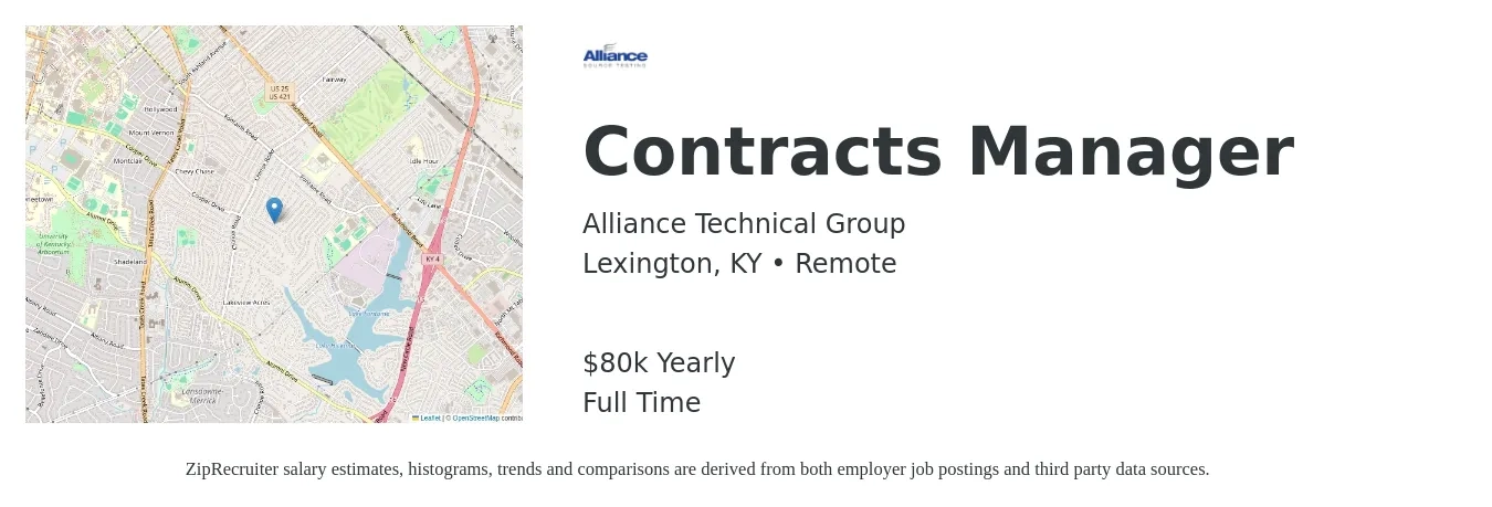 Alliance Technical Group job posting for a Contracts Manager in Lexington, KY with a salary of $80,000 Yearly with a map of Lexington location.