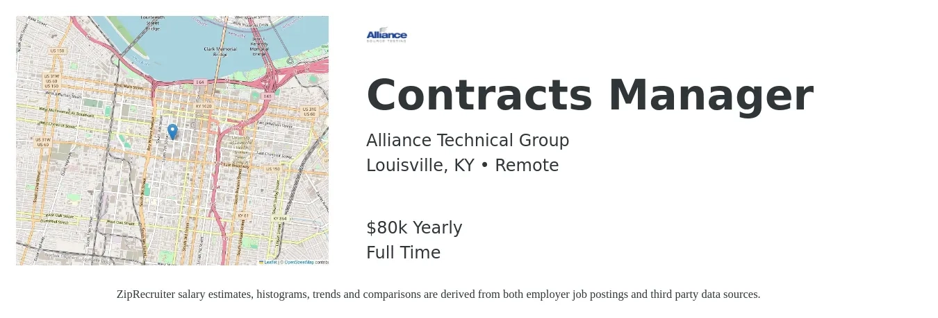Alliance Technical Group job posting for a Contracts Manager in Louisville, KY with a salary of $80,000 Yearly with a map of Louisville location.