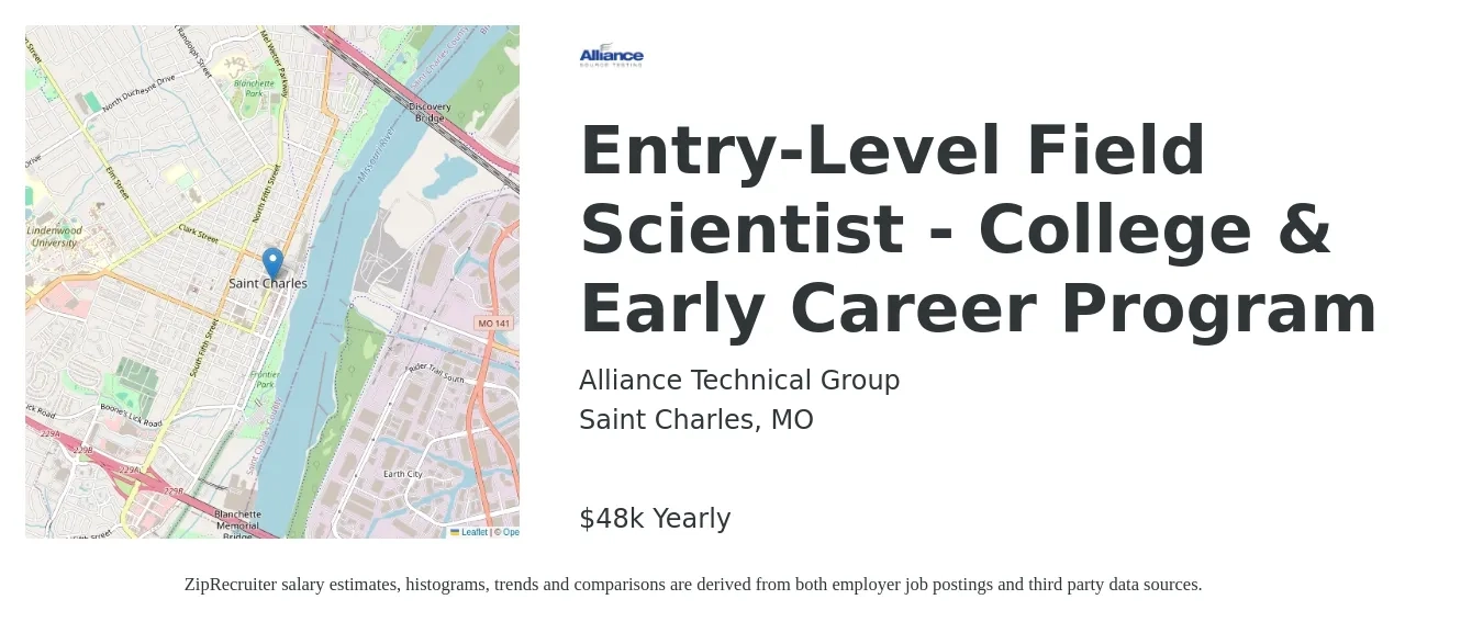 Alliance Technical Group job posting for a Entry-Level Field Scientist - College & Early Career Program in Saint Charles, MO with a salary of $48,000 Yearly with a map of Saint Charles location.