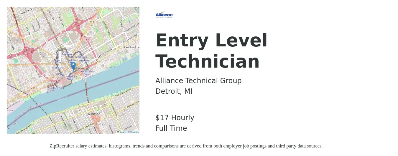 Alliance Technical Group job posting for a Entry Level Technician in Detroit, MI with a salary of $18 Hourly with a map of Detroit location.