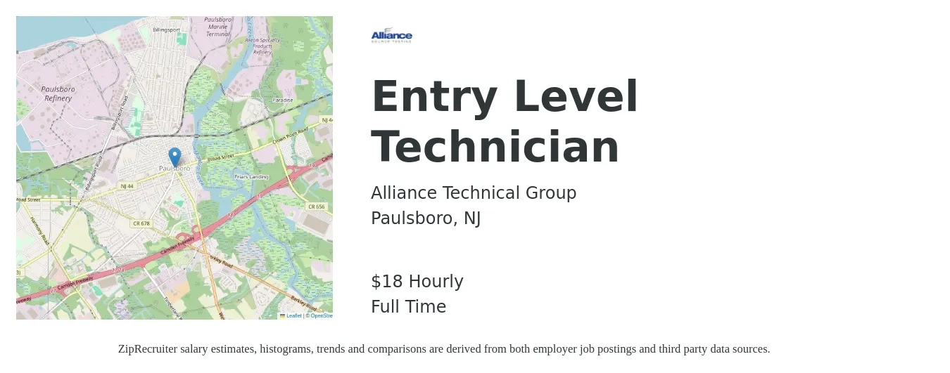 Alliance Technical Group job posting for a Entry Level Technician in Paulsboro, NJ with a salary of $19 Hourly with a map of Paulsboro location.