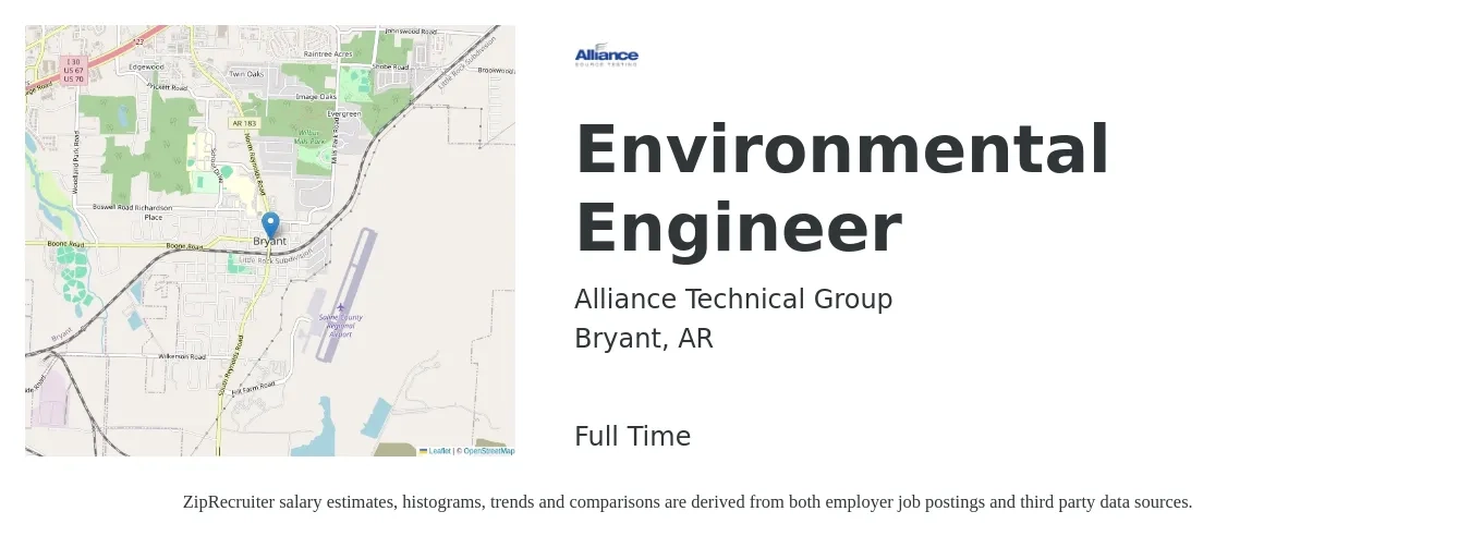 Alliance Technical Group job posting for a Environmental Engineer in Bryant, AR with a salary of $62,200 to $91,800 Yearly with a map of Bryant location.