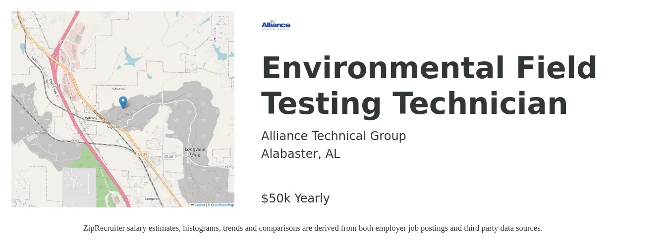Alliance Technical Group job posting for a Environmental Field Testing Technician in Alabaster, AL with a salary of $50,000 Yearly with a map of Alabaster location.