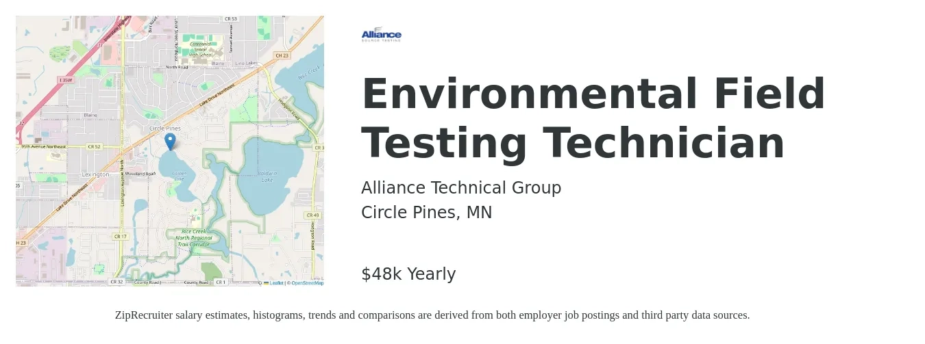 Alliance Technical Group job posting for a Environmental Field Testing Technician in Circle Pines, MN with a salary of $48,000 Yearly with a map of Circle Pines location.