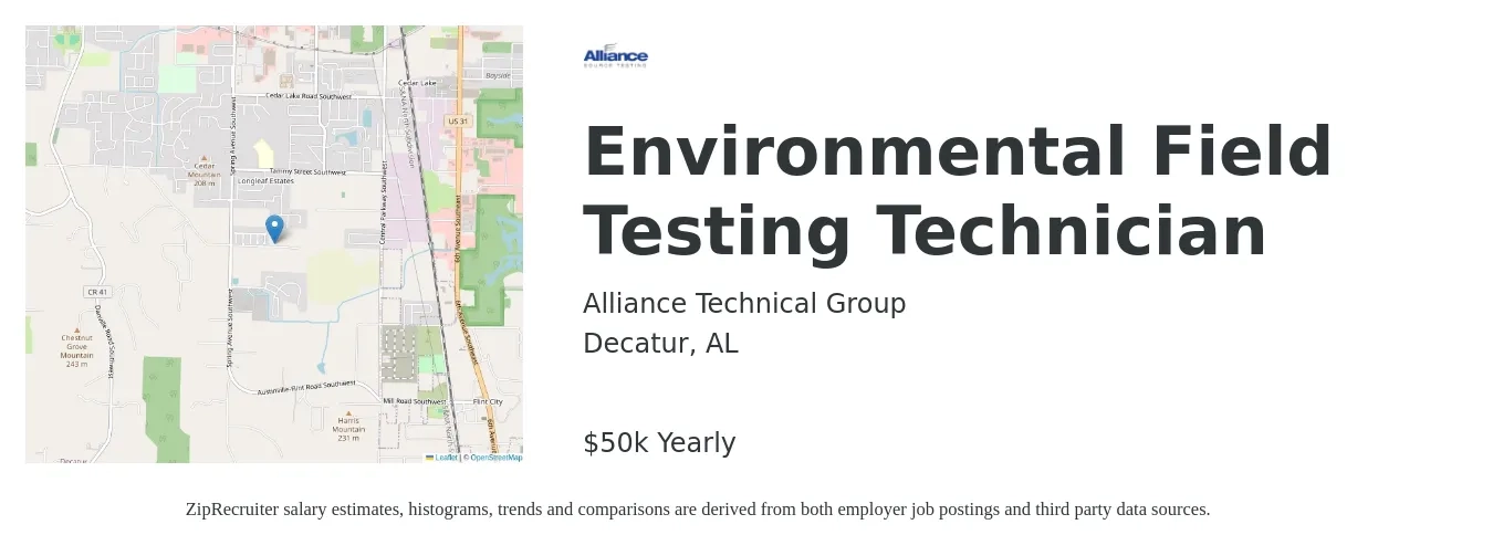 Alliance Technical Group job posting for a Environmental Field Testing Technician in Decatur, AL with a salary of $50,000 Yearly with a map of Decatur location.