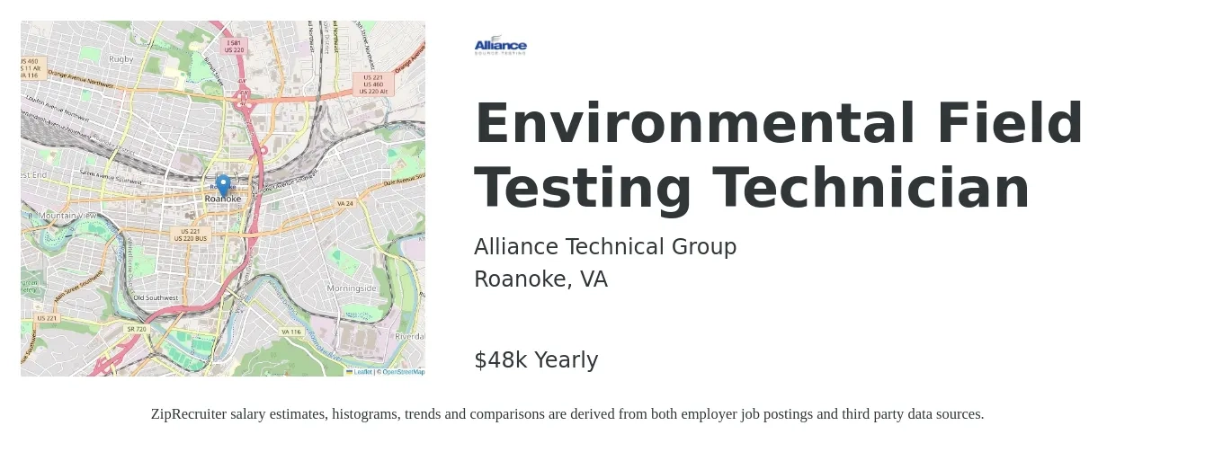 Alliance Technical Group job posting for a Environmental Field Testing Technician in Roanoke, VA with a salary of $48,000 Yearly with a map of Roanoke location.