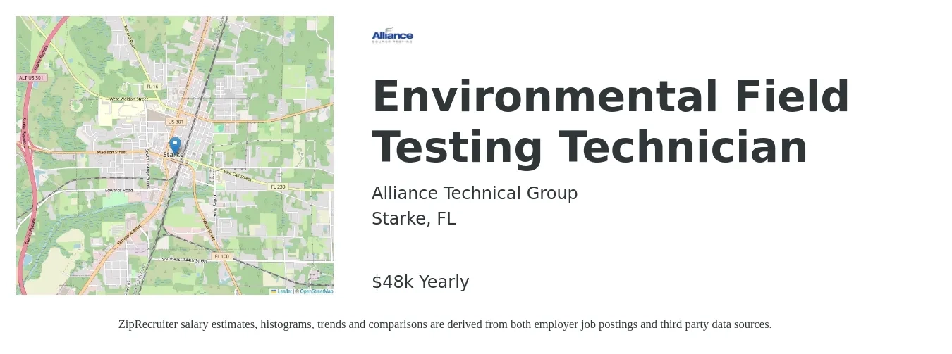 Alliance Technical Group job posting for a Environmental Field Testing Technician in Starke, FL with a salary of $48,000 Yearly with a map of Starke location.