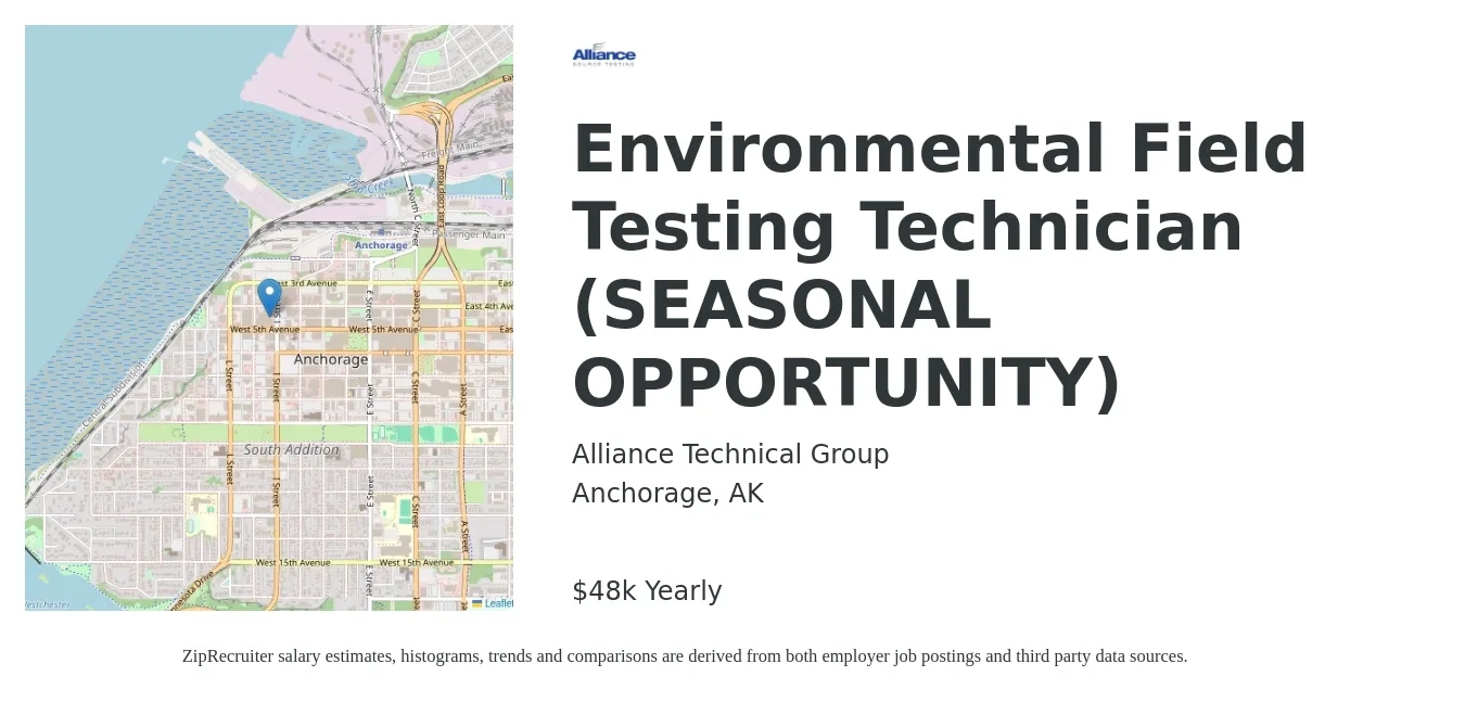 Alliance Technical Group job posting for a Environmental Field Testing Technician (SEASONAL OPPORTUNITY) in Anchorage, AK with a salary of $48,000 Yearly with a map of Anchorage location.