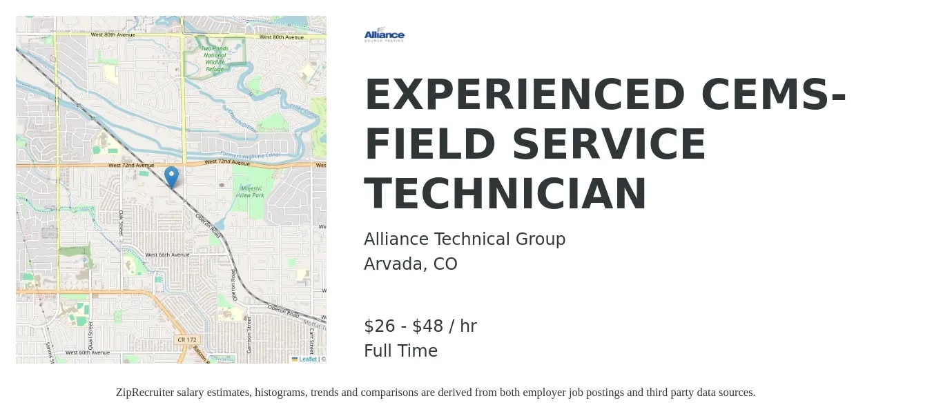 Alliance Technical Group job posting for a EXPERIENCED CEMS-FIELD SERVICE TECHNICIAN in Arvada, CO with a salary of $28 to $50 Hourly with a map of Arvada location.