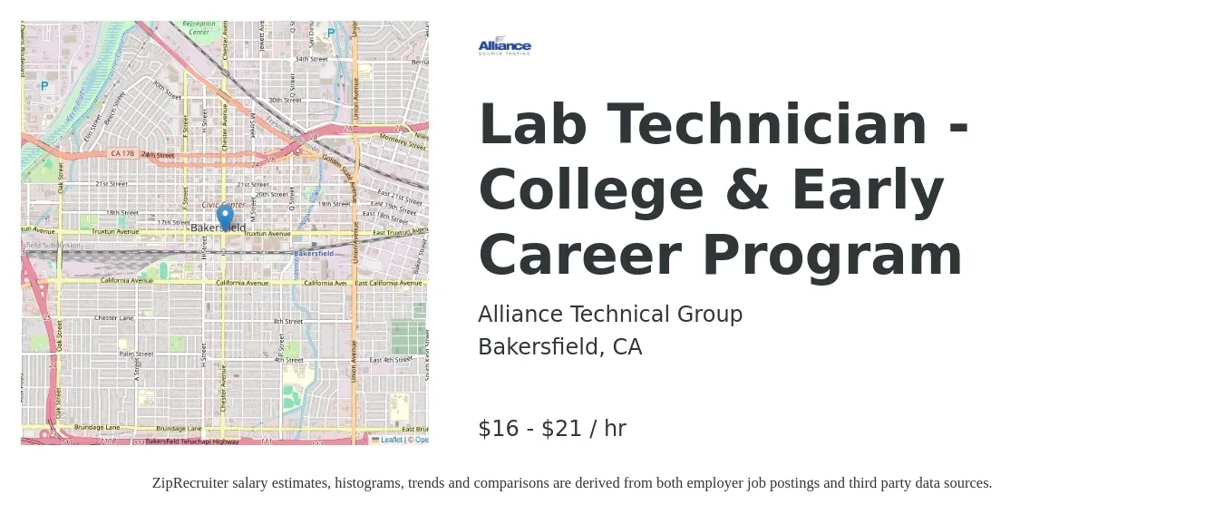 Alliance Technical Group job posting for a Lab Technician - College & Early Career Program in Bakersfield, CA with a salary of $17 to $22 Hourly with a map of Bakersfield location.
