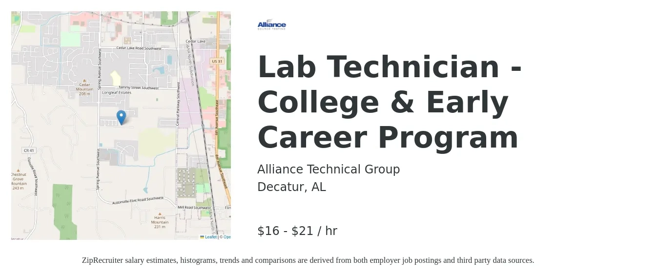 Alliance Technical Group job posting for a Lab Technician - College & Early Career Program in Decatur, AL with a salary of $17 to $22 Hourly with a map of Decatur location.