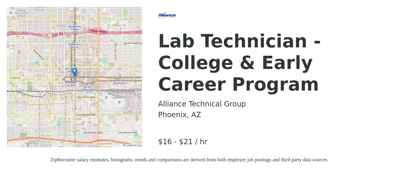 Alliance Technical Group job posting for a Lab Technician - College & Early Career Program in Phoenix, AZ with a salary of $17 to $22 Hourly with a map of Phoenix location.