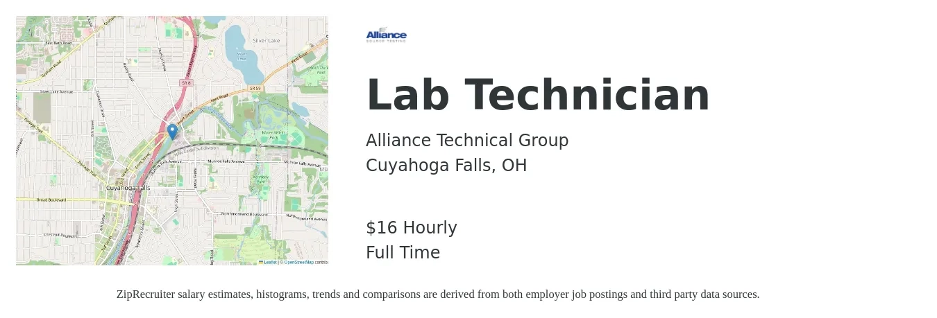 Alliance Technical Group job posting for a Lab Technician in Cuyahoga Falls, OH with a salary of $17 Hourly with a map of Cuyahoga Falls location.