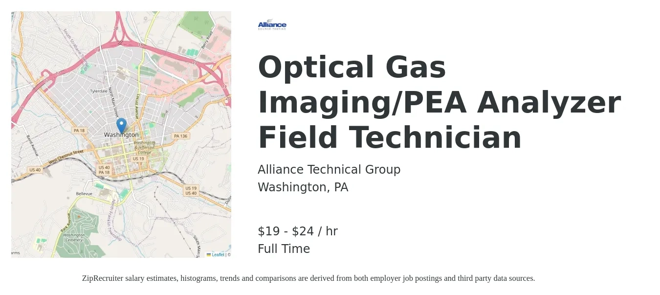 Alliance Technical Group job posting for a Optical Gas Imaging/PEA Analyzer Field Technician in Washington, PA with a salary of $20 to $25 Hourly with a map of Washington location.