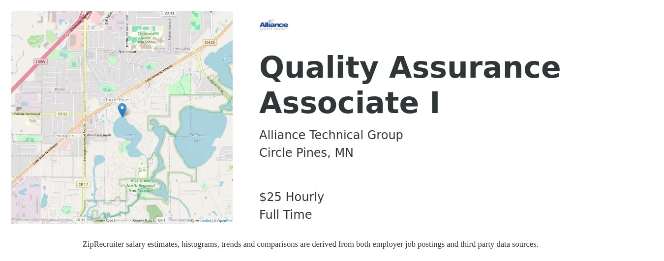Alliance Technical Group job posting for a Quality Assurance Associate I in Circle Pines, MN with a salary of $27 Hourly with a map of Circle Pines location.