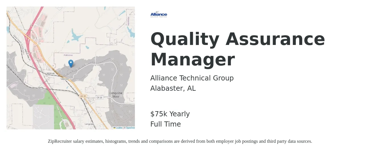 Alliance Technical Group job posting for a Quality Assurance Manager in Alabaster, AL with a salary of $75,000 Yearly with a map of Alabaster location.