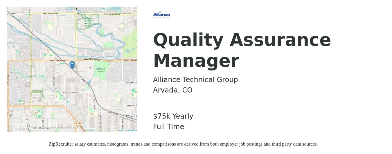 Alliance Technical Group job posting for a Quality Assurance Manager in Arvada, CO with a salary of $75,000 Yearly with a map of Arvada location.
