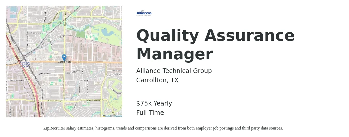 Alliance Technical Group job posting for a Quality Assurance Manager in Carrollton, TX with a salary of $75,000 Yearly with a map of Carrollton location.