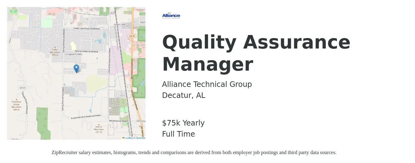 Alliance Technical Group job posting for a Quality Assurance Manager in Decatur, AL with a salary of $75,000 Yearly with a map of Decatur location.