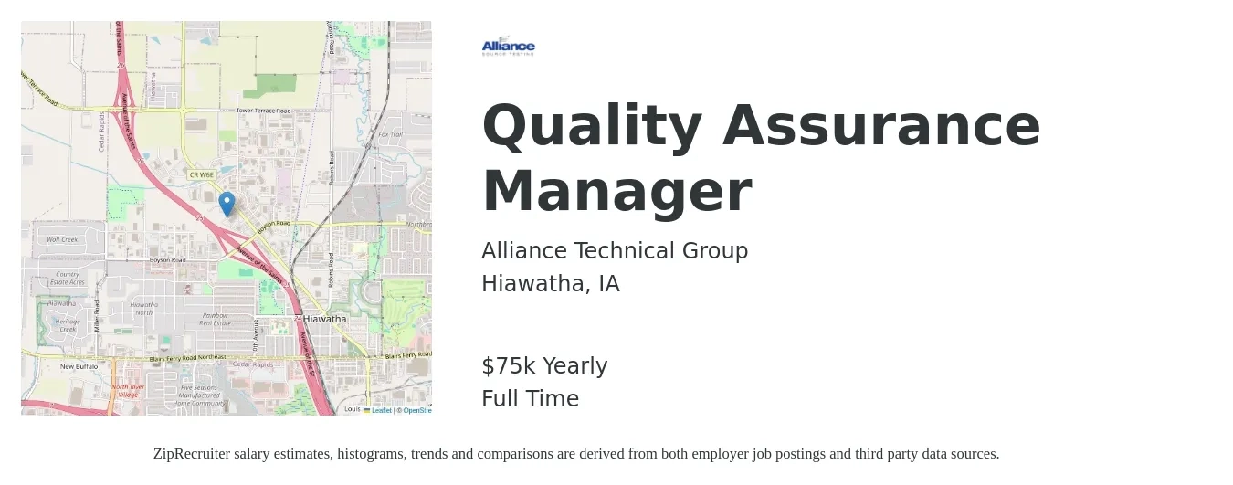 Alliance Technical Group job posting for a Quality Assurance Manager in Hiawatha, IA with a salary of $75,000 Yearly with a map of Hiawatha location.