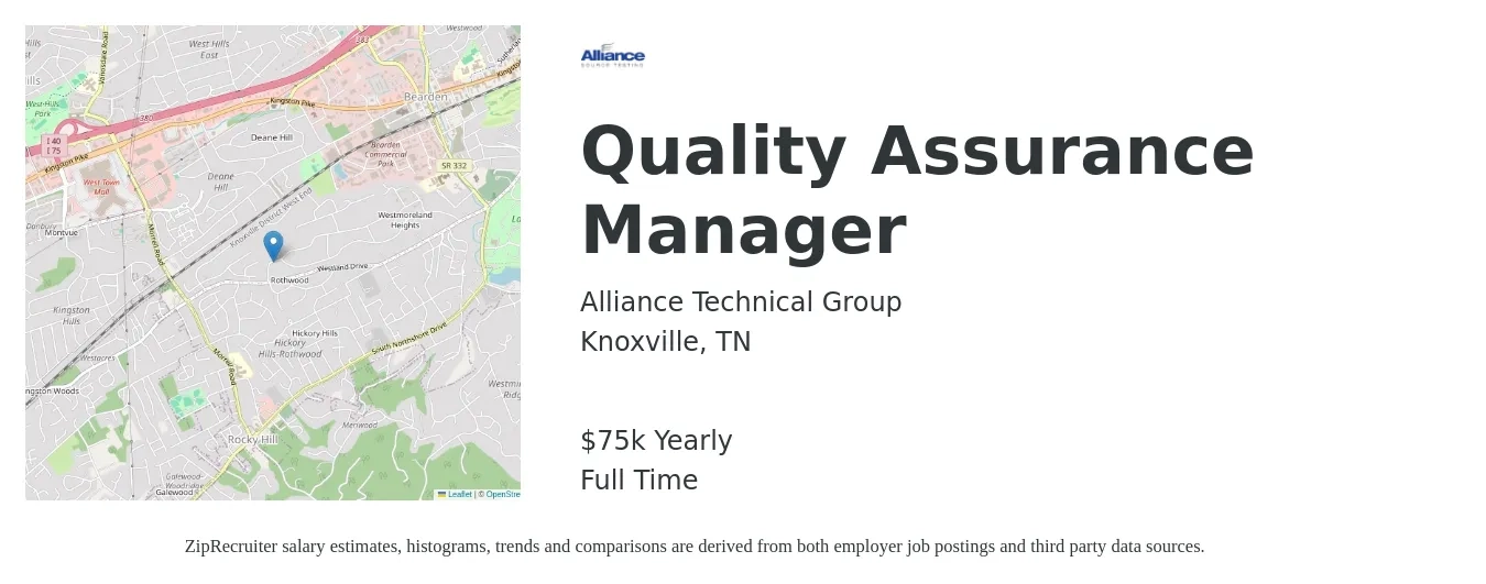 Alliance Technical Group job posting for a Quality Assurance Manager in Knoxville, TN with a salary of $75,000 Yearly with a map of Knoxville location.