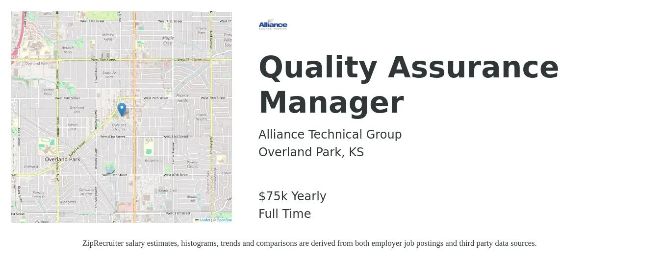 Alliance Technical Group job posting for a Quality Assurance Manager in Overland Park, KS with a salary of $75,000 Yearly with a map of Overland Park location.