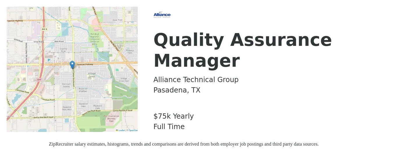 Alliance Technical Group job posting for a Quality Assurance Manager in Pasadena, TX with a salary of $75,000 Yearly with a map of Pasadena location.