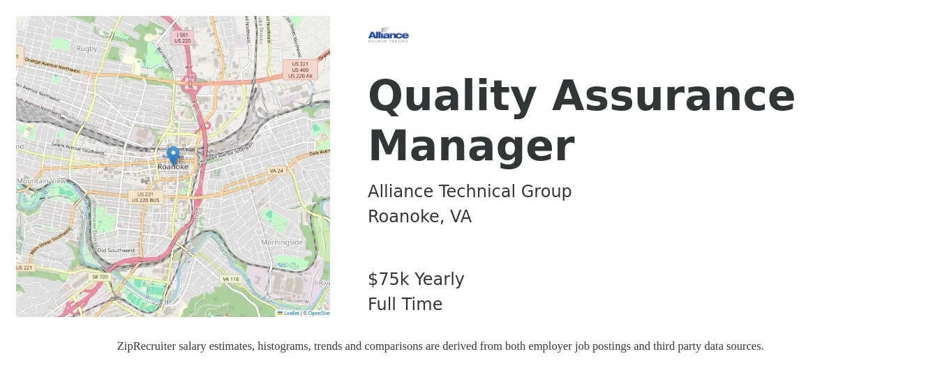 Alliance Technical Group job posting for a Quality Assurance Manager in Roanoke, VA with a salary of $75,000 Yearly with a map of Roanoke location.