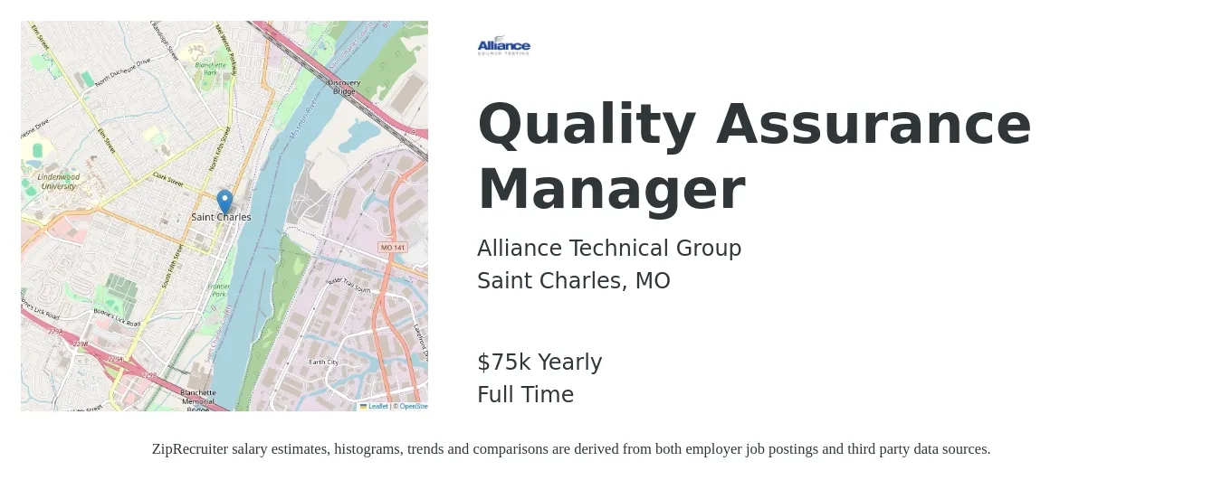 Alliance Technical Group job posting for a Quality Assurance Manager in Saint Charles, MO with a salary of $75,000 Yearly with a map of Saint Charles location.