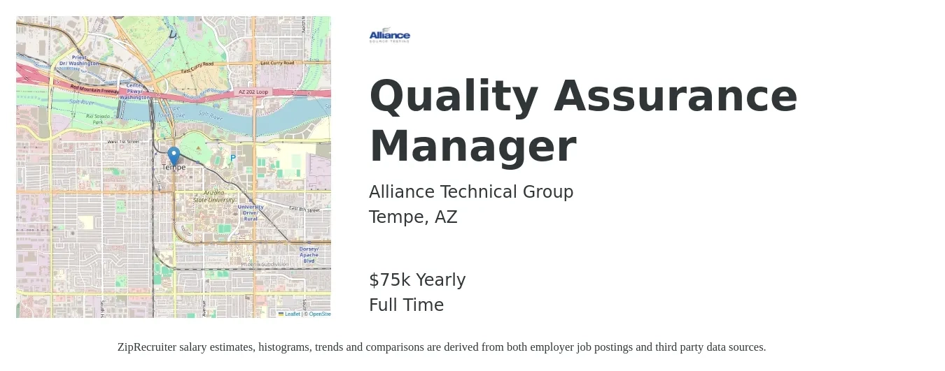 Alliance Technical Group job posting for a Quality Assurance Manager in Tempe, AZ with a salary of $75,000 Yearly with a map of Tempe location.